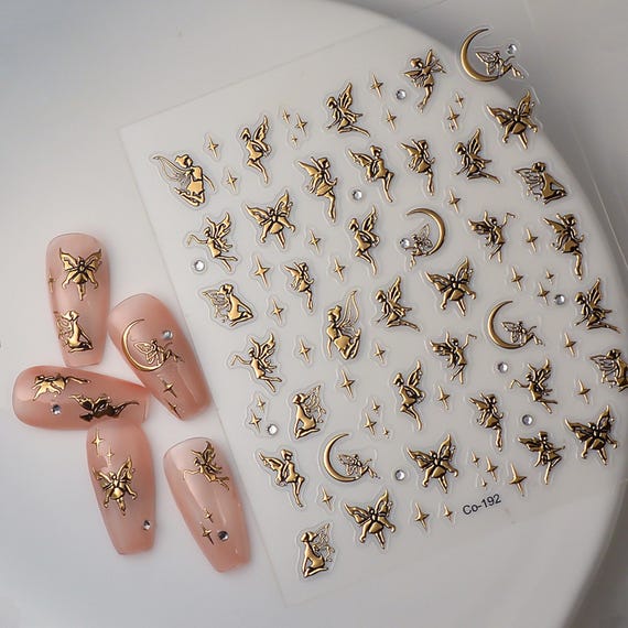Gold Fairy Nail Stickers, 3D Embossed Celestial Decals, Moon Star Nail Art, Fantasy Manicure Stickers for DIY Nail Design 192
