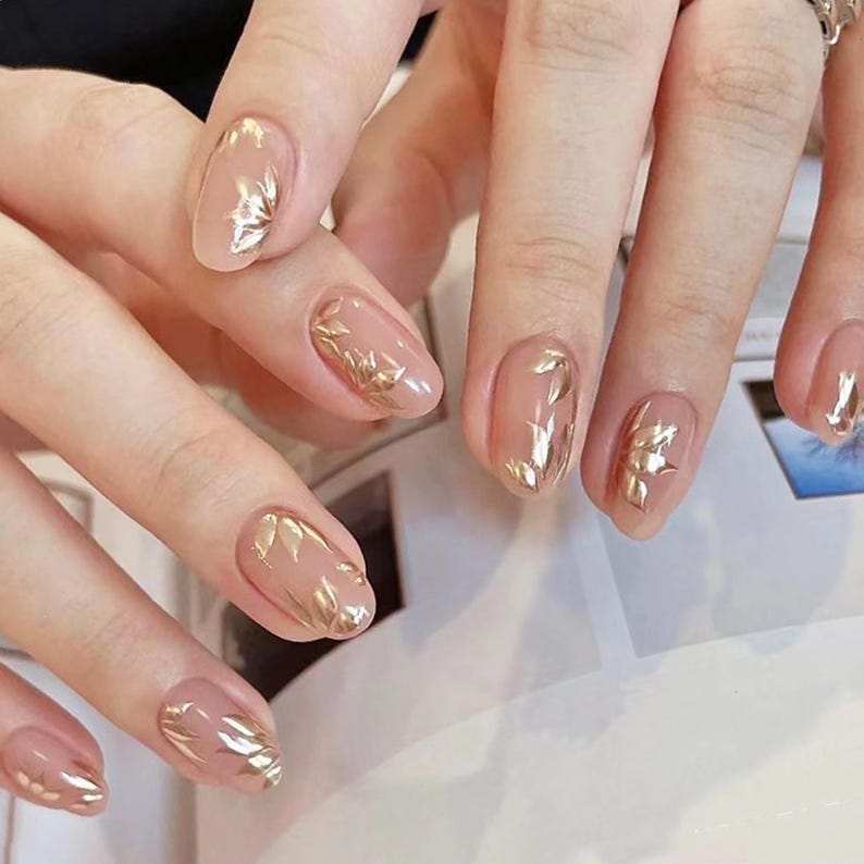 Gold Leaf Nail Art Stickers, Delicate Floral Design, Nail Decals for