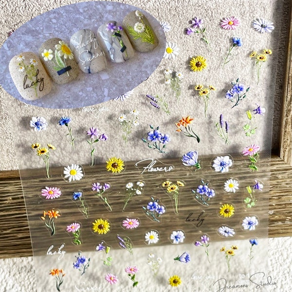 Daisies Wildflowers Nail Art, Bullet Journal Sticker Pink Flowers Self-Adhesive Nail Decals, Spring Floral