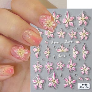 3D Pink Lily Nail Stickers, Spring Flower Nail Art Decals, Lily Nail Designs for DIY Nail Art, Floral Nail Decals 88