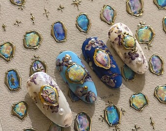 Gold Framed Nail Stickers, Blue Gem, Cross Star, 5D Self Adhesive