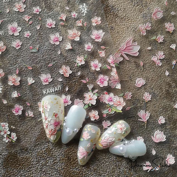Sakura Aufkleber,Pfirsichblüte,Magnolien Nagel Aufkleber,Nail Art,Rosa Blumen Selbstklebende Nagel Abziehbilder,Frühling Floral