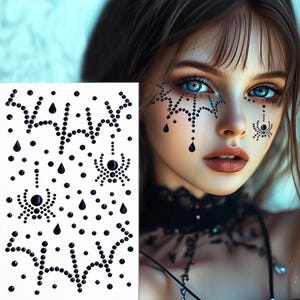 May include: A sheet of black adhesive face gems featuring spider, web, and teardrop designs. The individual rhinestones are arranged in patterns to be applied to the skin, creating a decorative look with dark, glossy, circular and drop-shaped accents.