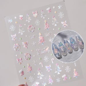 Stickers pour ongles de Noël pastel, Stickers holographiques flocon de neige avec noeud d'arbre, joli design d'art d'ongle pour les vacances, agenda, scrapbooking 3606
