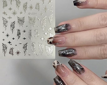 Silver Butterfly Nail Sticker, Cross Butterfly Design,Stars Nail Glamour Art Stickers, Self-Adhesive