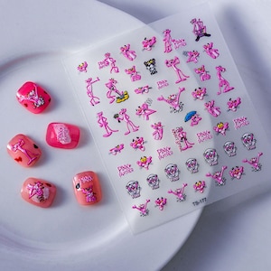 Pink Panther Nail Stickers, 3D Cartoon Nail Decals, Retro Pop Culture Nail Stickers for DIY Manicure, Kawaii Nail Art Design 177