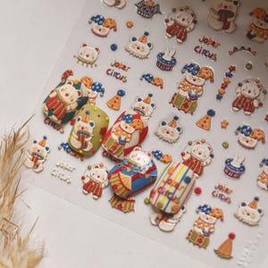 Leuke circusnagelstickers, kawaii 3D nagelstickers clown en beer, doe-het-zelfmanicureaccessoires, Joker Circus Cartoon Nail Art Design 4653