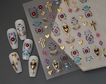 Adesivi per unghie con cuore sacro in oro/argento, decalcomanie con croce in stile folk, nail art floreale 3D colorata, disegni per unghie religiosi retrò 286