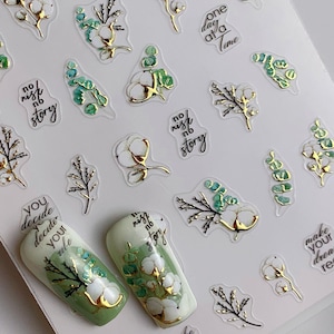 Pegatinas de uñas con flores de algodón dorado, calcomanías con citas botánicas, envolturas de uñas florales verdes