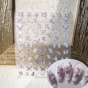 Purple Butterfly Nail Art, Bullet Journal Sticker 3D Blue Flowers Self-Adhesive Nail Decals, Spring Floral