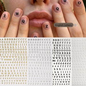 Letras maiúsculas de fonte inglesa, letras maiúsculas e minúsculas inglesas, adesivos de decalque de unha autoadesivos, adesivos de unha em relevo