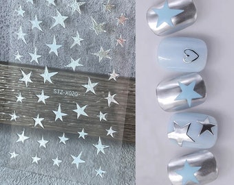 Silver Heart Nail Sticker, Silver Star Self-Adhesive,Pentagram Nail Decals, DIY Design for Nai Art, X029, X020