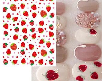 Strawberries Nail Stickers, Red Nail Decals, Fruit Nail Design, Self Adhesive Nail Art