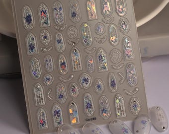 Holographic Stained Glass Nail Stickers, Floral Window Designs, DIY Nail Art Decals, Nail Accessories 249