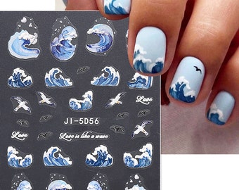 Blue Waves, Seagulls Nail Stickers,White Waves Nail Decal, Sea Nail Art Design, Self Adhesive Nail,DIY Nails