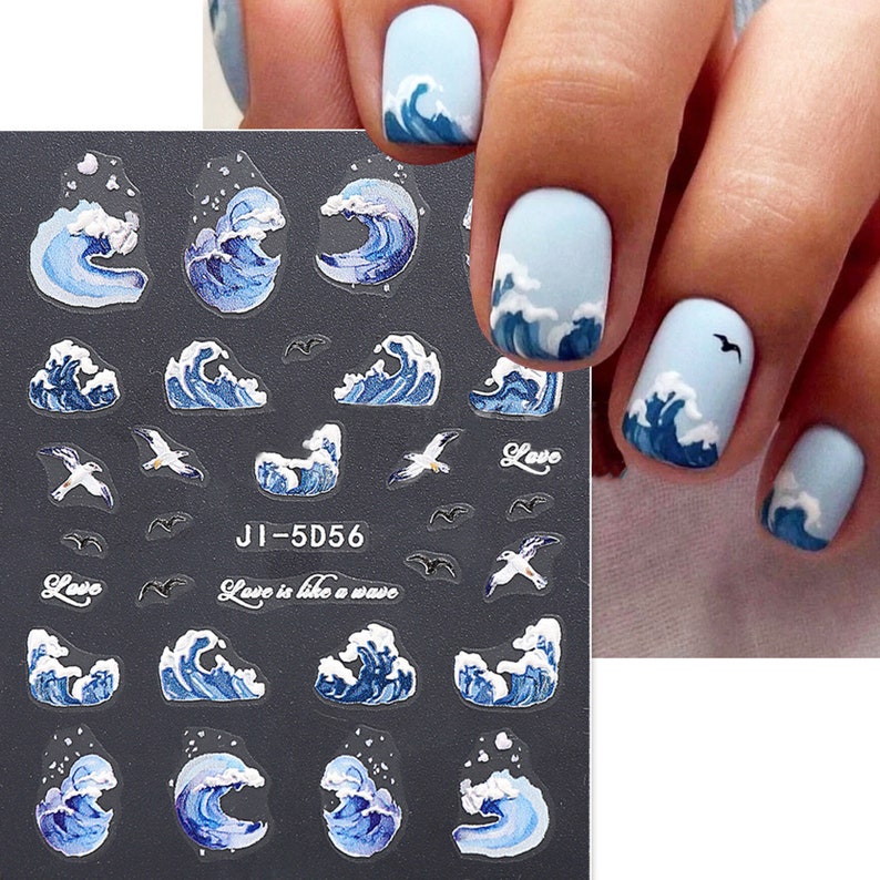 Blue Waves, Seagulls Nail Stickers,White Waves Nail Decal, Sea Nail Art Design, Self Adhesive Nail,DIY Nails image 1