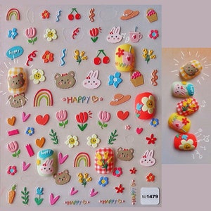 Rabbit Bear Nail Stickers, Pretty Animal and Flowers Self Adhesive Decals, Cartoon Nail Art Design 1479