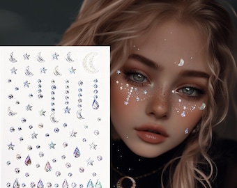 May include: A sheet of iridescent face gems featuring stars, moons, and teardrop shapes. The gems are in various sizes and are designed to be applied to the face for a decorative effect. The image also shows a person with similar gems applied to their face.