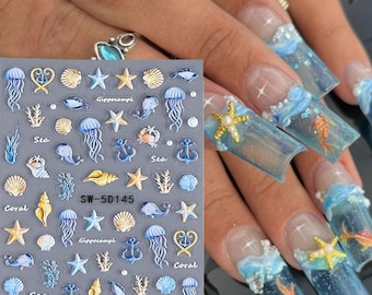Summer Ocean Theme Nail Art Stickers, 3D Underwater Marine Life Decals,  Shells, Starfish, Jellyfish Self-Adhesive Nail Decals 5D145