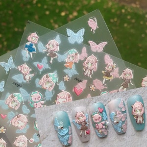 3D Schmetterling Aufkleber, Grün Rosa Nail Art, Blumen Nagel Abziehbilder, Niedlicher Cartoon selbstklebender geprägter Aufkleber