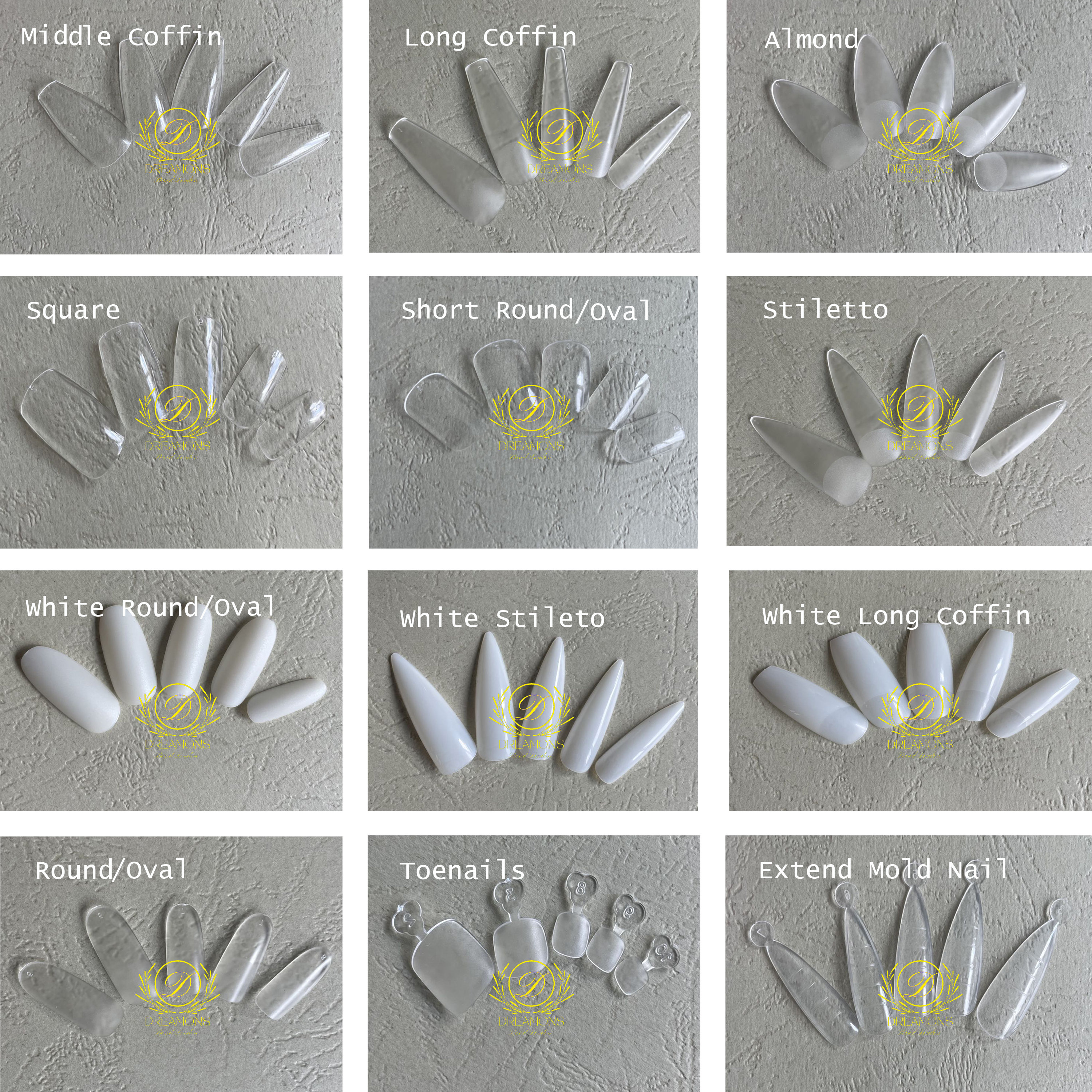 Full Size Clear Fullcover Kit/DIY Nails/Fake Toenail/Long Coffin/Stiletto/Almond/Short Square/Oval/ballerina/File/Buffer