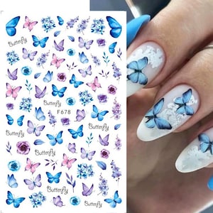 Blue Butterfly Nail Sticker, Wildflower Nail Art Decals, Floral Nail Design,Spring Flower Self Adhesive