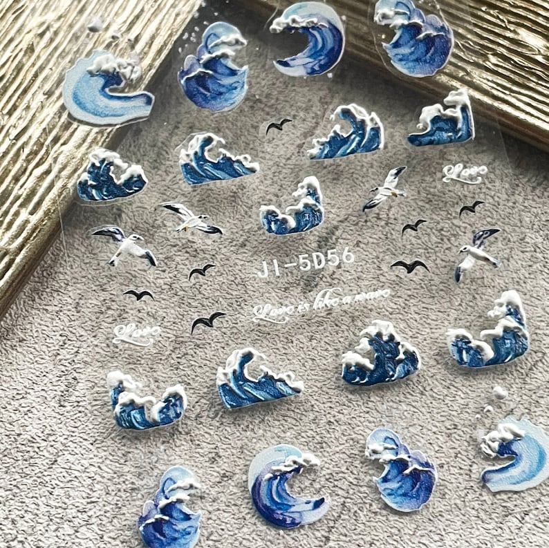 Blue Waves, Seagulls Nail Stickers,White Waves Nail Decal, Sea Nail Art Design, Self Adhesive Nail,DIY Nails image 4