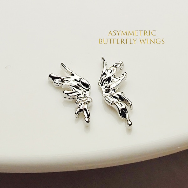 A Pair of Asymmetric Butterfly Wings, Silver Butterfly Deco Metal Nail Charms, DIY Nail Art Design