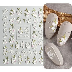 White Flower Nail Decals, Floral Nail Art, 3D Nail Sticker Green leaves Self-Adhesive, Spring Floral 5D38