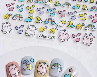 Pegatinas de unicornio kawaii para uñas, arcoíris, estrellas, dibujos animados, manicura DIY