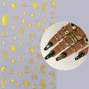 Gold Star Nail Stickers,Gold Moon Nail Decal, Gold Nail Art Design, Self Adhesive Nail,DIY Nails