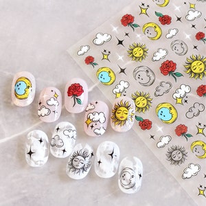 Sun Face Sticker, White Clody Design, Rote Rose Nail Art Glamour Sticker, Selbstklebendes Nail Design