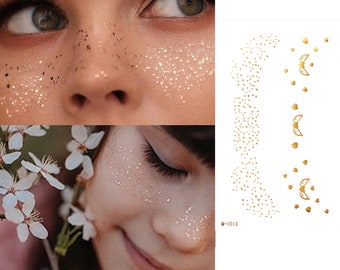 Gold Freckles Temporary Face Stickers, Gold Flower Tattoos for Parties, Face Tattoos for Patches