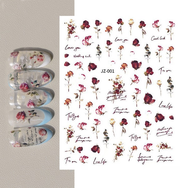 Burgundy Roses Stickers, Floral Self Adhesive Nail Art Decals, Nail Art Design, DIY Nails, Hologram Nails 001