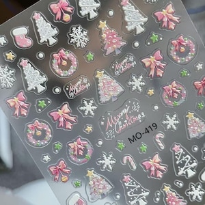 3D Christmas Nail Stickers, Pink Bow Xmas Tree Nail Art Decals, Snowflake Holiday Stickers for DIY Manicure, Winter Nails Design 419