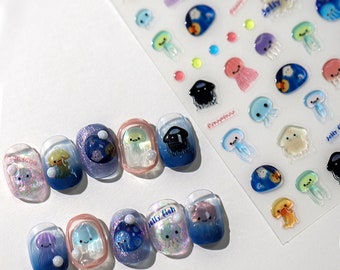 Jellyfish Nail Art Decals, Cute Stickers, Aquarium Self-Adhesive Decor, DIY Nail Design, 5D Hologram Nails