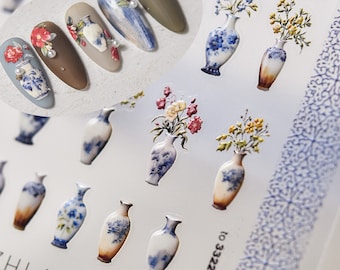 Adesivos de porcelana azul e branca, decalque para unhas com flores, design floral para unhas faça você mesma 3322