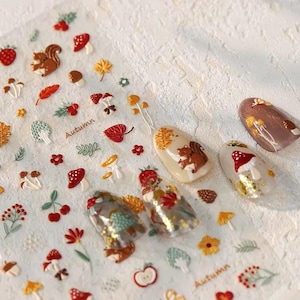 3D Mushroom Nail Stickers, Cute Forest Fungi Squirrel Nail Decals, Spring Flower Cottagecore Nature Nail Art Design for DIY Manicure 3871