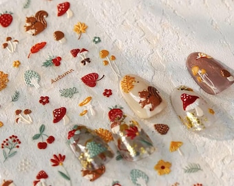 Stickers 3D Champignons, Stickers pour ongles mignons champignons forestiers écureuil, Fleur de printemps Cottagecore Nature Nail Art Design pour manucure DIY 3871