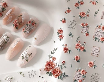 3D Rose Sticker,Orange White Nail Sticker,Nail Art, Pink Flower with Text Self-Adhesive Nail Decals, Spring Floral