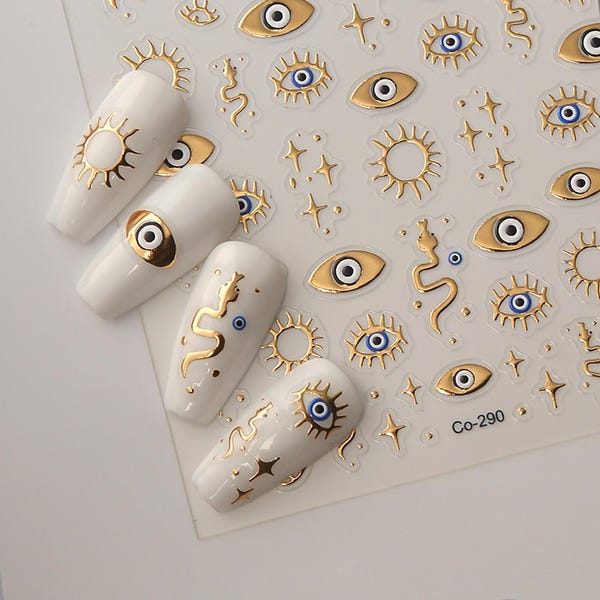 Gold Evil Eye Nail Stickers, 3D Embossed Celestial Decals, Sun Star Metallic Nail Art for DIY Manicure Salon Designs 290