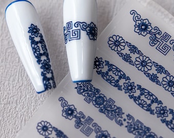 Naklejki na paznokcie z wytłoczonym wzorem koronki, naklejki na paznokcie z niebieskimi kwiatami, niebiesko-białe wzory porcelanowe, samoprzylepne zdobienia paznokci 2349
