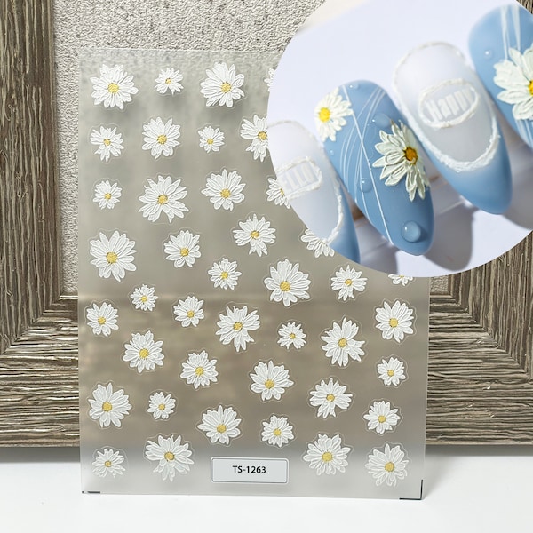 Daisies Nail Decals, Wildflowers Nail Art, 3D Nail Sticker White Flowers Self-Adhesive, Spring Floral