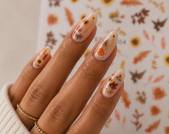 Zonnebloem nail art stickers, bloemen stickers herfstblad, oranje botanisch nageldesign 004