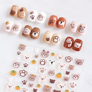 Brown Cartoon Bear Nail Stickers, Cute Self Adhesive Nail Art Decals,White Bear's Paw Nail Art Design, DIY Nails