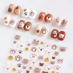 Brown Cartoon Bear Nail Stickers, Cute Self Adhesive Nail Art Decals,White Bear's Paw Nail Art Design, DIY Nails image 1