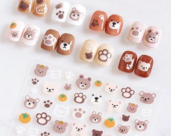 Brown Cartoon Bear Nail Stickers, Cute Self Adhesive Nail Art Decals,White Bear's Paw Nail Art Design, DIY Nails