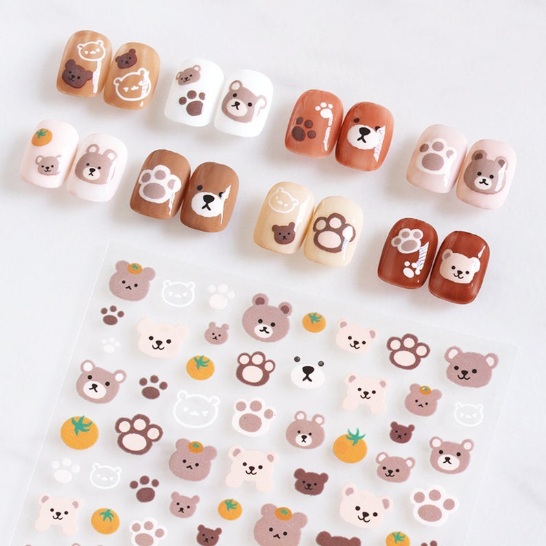 3D Cartoon Bear Nail Art Stickers, Manicure Decals, Brown Bear's Paw DIY Design image 1