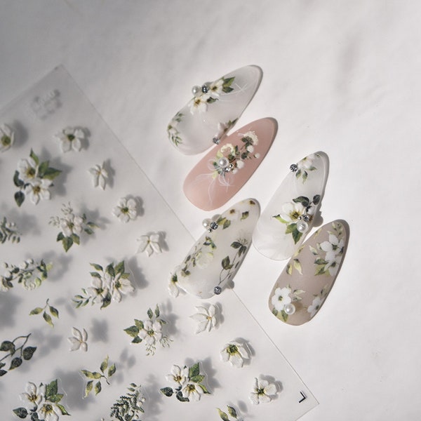 Stickers petites fleurs blanches pour nail art, sticker jasmin, sticker floral auto-adhésif, décoration d'ongles bricolage