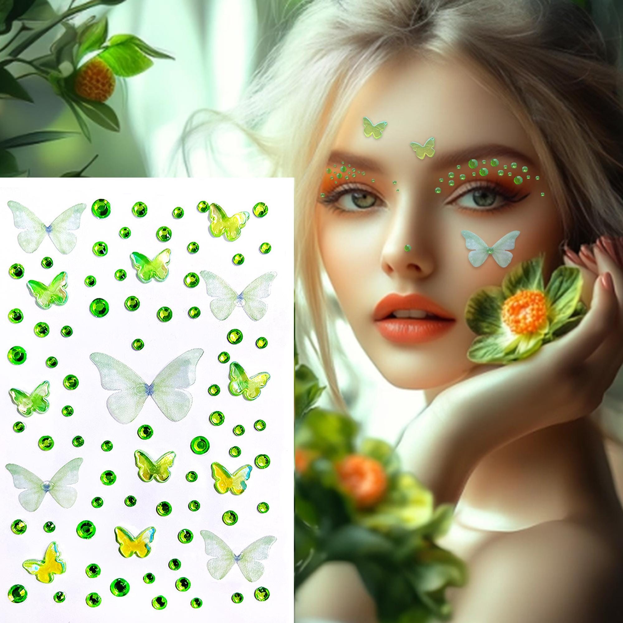 3D Butterfly Face Rhinestones, Self-adhesive Green/pink Butterfly ...